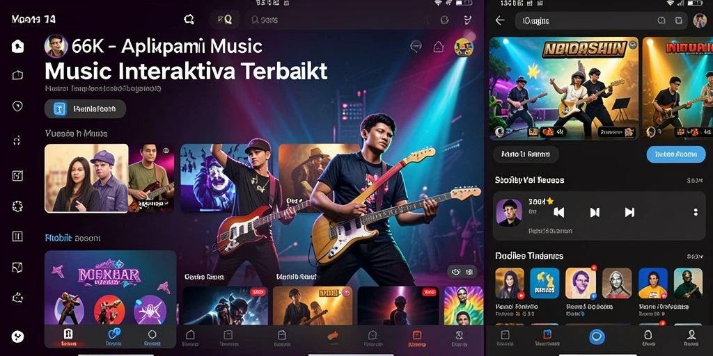 Tampilan gameplay interaktif 66K dengan lirik dan playlist.