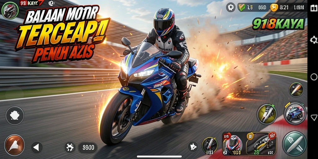 Gameplay mendebarkan di 918KAYA saat balapan motor.
