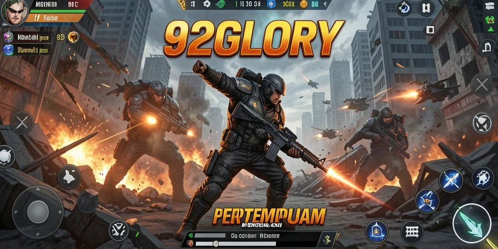 Screenshot gameplay 92GLORY menampilkan aksi pertempuran yang intens.