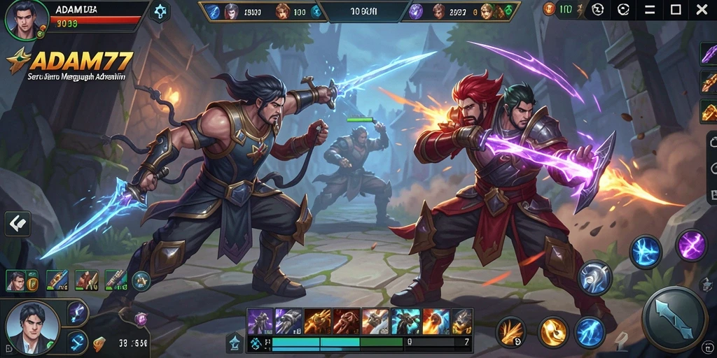 Screenshot menampilkan intensitas pertarungan dalam game MOBA ADAM77.