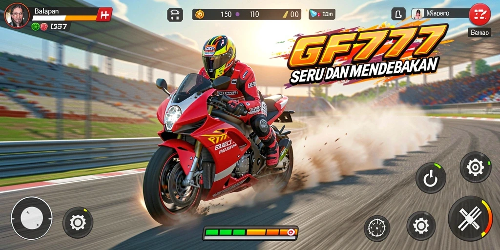 Tampilan gameplay GF777 yang mendebarkan dan penuh aksi balapan motor.