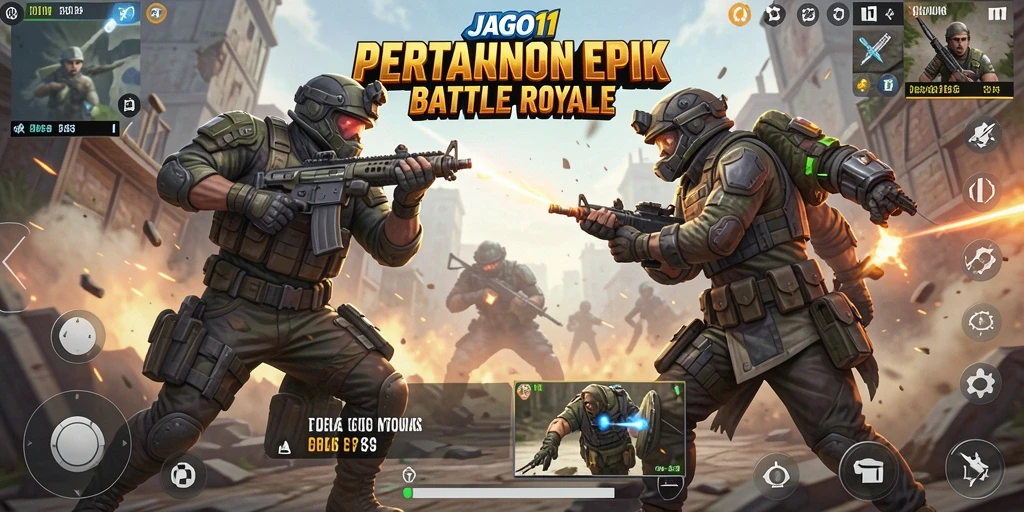 Screenshot utama JAGO11 menampilkan aksi intens pertempuran Battle Royale.