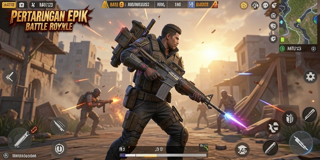 Screenshot utama RATU123 menunjukkan aksi seru di medan perang Battle Royale.