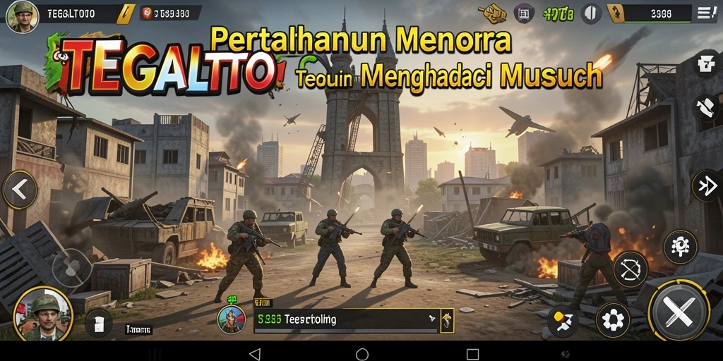 Screenshot TEGALTOTO yang menampilkan aksi menara pertahanan melawan serangan musuh.